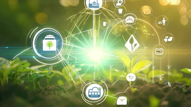 Innovative technology concept illustrating environmental sustainability and green energy with digital icons over a nature background.