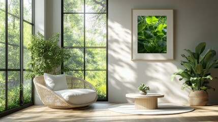 Fototapeta premium Cozy indoor space with plants and natural light.