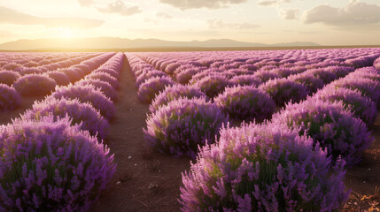 Fototapeta premium An endless field of blooming lavender at sunset, with rows of purple bushes stretching towards the horizon
