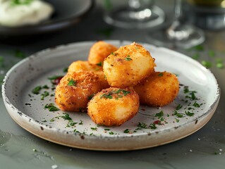 Close up of Croquetas Spanish Dish on Ceramic Plate in Luxurious Restaurant