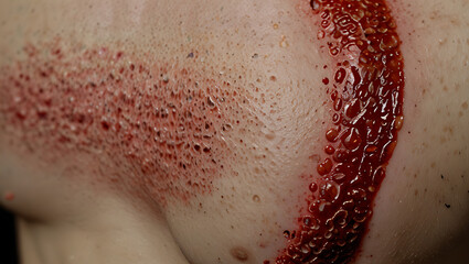 Fototapeta premium Close-up of Psoriasis Plaques on the Skin, Displaying the Thick, Red, and Scaly Patches Typical of the Condition
