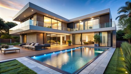 Fototapeta premium Modern mansion with a beautiful backyard featuring a pool , luxurious, elegant, contemporary, swimming pool