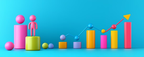Colorful 3D graph with figures representing growth and statistics in business and finance