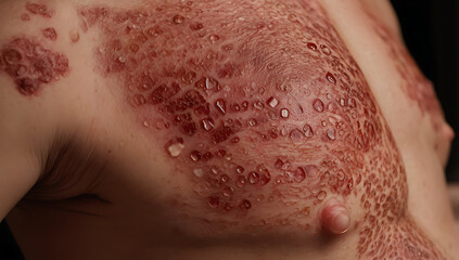 Fototapeta premium Close-up of Psoriasis Plaques on the Skin, Displaying the Thick, Red, and Scaly Patches Typical of the Condition