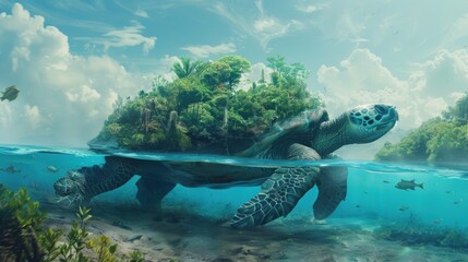 Obraz premium Giant Turtle Carrying a Lush Island.