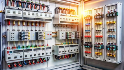 Voltage switchboard with circuit breakers in an electrical background setting