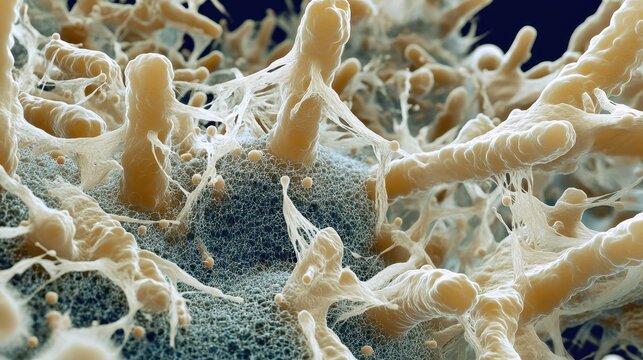 Bacteria forming biofilm on a surface, microbiology study