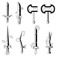 Minimalist sword, dagger, hammer, axe, and weapon adventure icon line art collection. captivating collection of hand-drawn adventure weapon line art. Iconic tattoo fantasy weapon