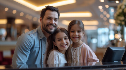 Smiling Family enjoying in the hotel lobby check in