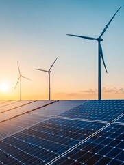 A clean energy power plant with solar panels and wind turbines, set against a bright horizon. The image includes generous copy space in the sky for text or additional design elements.