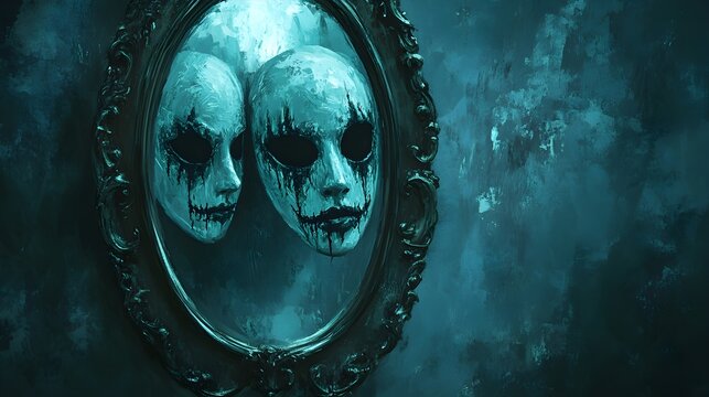 A haunted mirror reflecting eerie Halloween party masks, digital painting, dark and mysterious atmosphere, cinematic lighting, isolated on white background