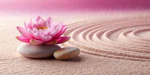 Zen stones, velvet sand, and lotus flower on a pink background symbolizing wellness and harmony at a spa Copy space available