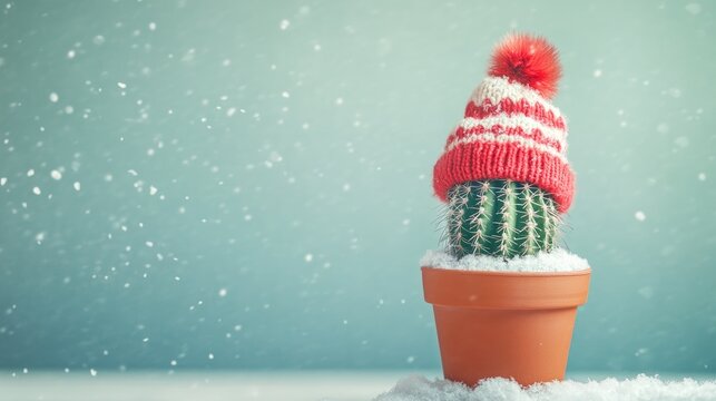 A festive cactus in a pot wearing a cozy hat adorned with a pom-pom, surrounded by snowflakes against a winter background at christmas