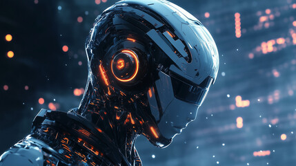A futuristic robot stands in profile, showcasing intricate circuitry and glowing elements in a dimly lit, high-tech setting filled with digital patterns, copy space