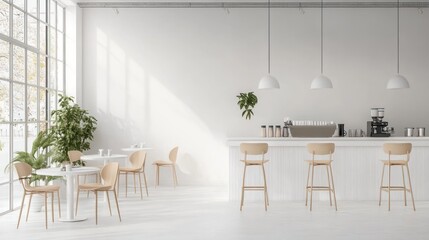 Fototapeta premium Bright, minimalist cafe interior with white walls, large windows, pendant lights, a bar counter with stools, and several dining tables with chairs.