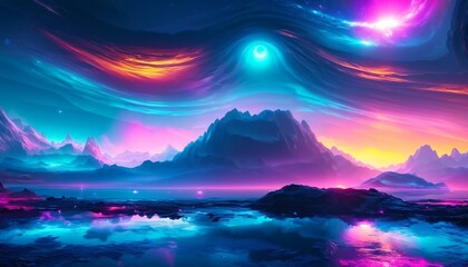 Futuristic fantasy landscape, sci fi landscape with planet neon light, cold planet. Galaxy unknown planet. Dark natural scene with light reflection water. neon space galaxy portal vector illustration