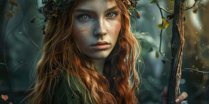 Illustrated representation of a captivating wood elf spellcaster with flowing auburn hair, mesmerizing hazel eyes, and a magical staff set against a forest backdrop. - Powered by Adobe