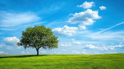 Obraz premium Solitary Tree in a Green Meadow Against a Blue Sky with White Clouds
