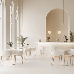 A minimalist caf? interior with white chairs, wooden legs, round pendant lights, tall windows, and an archway, embodying a sleek and modern design aesthetic.