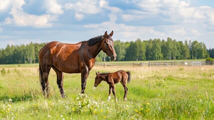 Obraz premium Mother horse and foal grazing in a green meadow.