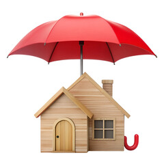 Wooden house icon under red umbrella insurance concept