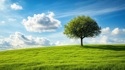 Solitary Tree on a Green Hill Against a Blue Sky