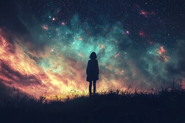 Fototapeta premium Silhouetted figure standing on a hill against a vibrant, colorful night sky