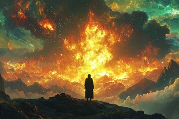 Fototapeta premium Solitary figure standing before an apocalyptic fiery sky