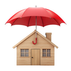 Wooden house icon under red umbrella insurance concept