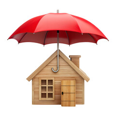 Wooden house icon under red umbrella insurance concept