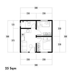 Floor plan blueprint type 25 sqm, Figure of the jotting sketch of the construction and the industrial skeleton of the structure and dimensions.