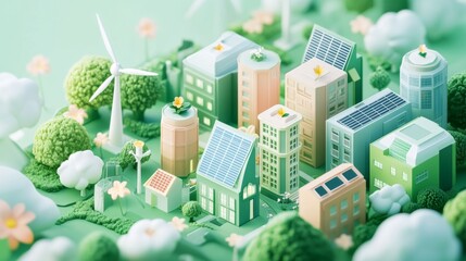 3D illustration of a city with green buildings. solar panel