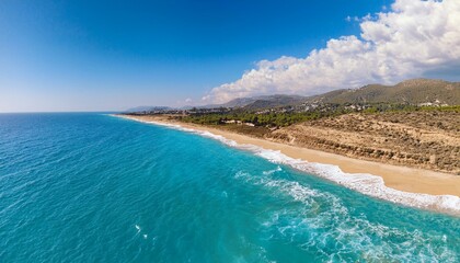 Summer seascape beautiful waves, blue sea water in sunny day. Top view from drone. Sea aerial surf, amazing tropical nature background. Mediterranean bright sea bay, waves splashing beach sandy coast