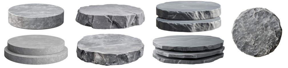 Set of empty round grey stone product display podium