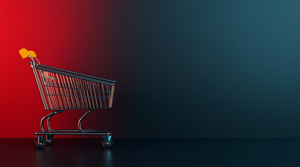 A sleek shopping cart stands alone, set against a striking red and blue backdrop, embodying the anticipation and excitement of Friday shopping, copy space, black friday concept