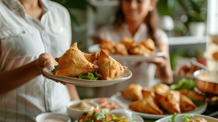 A woman offers a plate of fried samosas to a man during a cozy dinner, featuring authentic, homemade traditional dishes served in classic, local tableware, creating a warm, cultural dining experience.