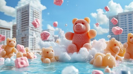 Fototapeta premium Giant gummy bears in a candy-coated city, colors blending with surroundings.