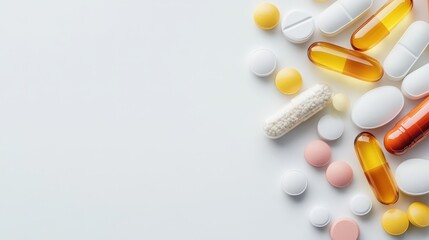 Assorted Pills and Capsules on White Background