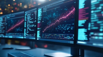 Data Analysis Stock Market Graph on Computer Screen in Dark Office