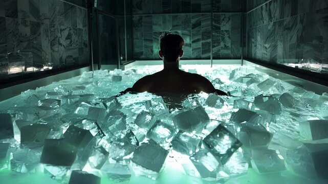 Relaxing in ice bath at spa. Man finds relief from soreness and stress. Embracing cold therapy for wellness and recovery. Ideal for athletes and fitness enthusiasts seeking pain relief and relaxation