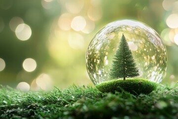 little chrismas tree and glass ball with green background and sparkling