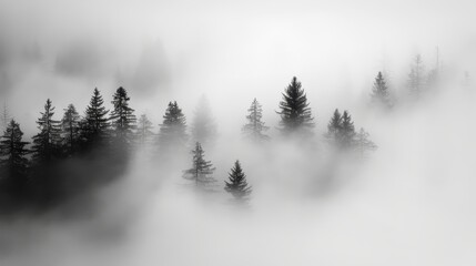 Misty Forest Serenity, a hauntingly beautiful black and white depiction of a fog-enshrouded forest, evoking a sense of tranquility and mystery in nature's embrace.