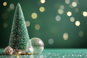 little chrismas tree and glass ball with green background and sparkling