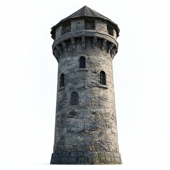 3D Render of a castle watchtower with a crenellated roof and archery slots, on isolated white background