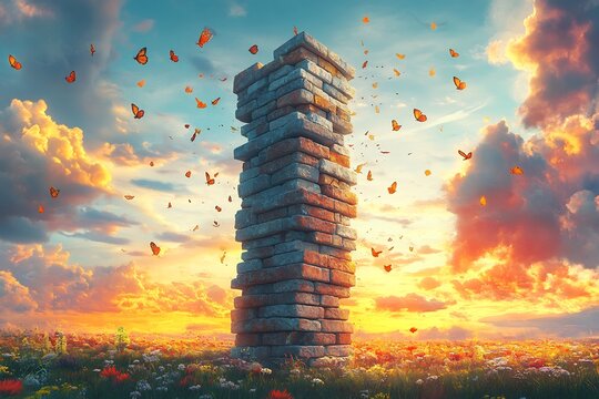 Vector illustration of endangered species stacked like Jenga blocks with Climate Change gradually pulling out the blocks and destabilizing the entire structure