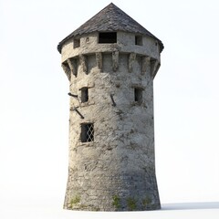 3D Render of a castle watchtower with a crenellated roof and archery slots, on isolated white background