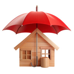 Wooden house icon under red umbrella insurance concept