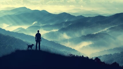 Fototapeta premium Silhouette of Man and Dog on Mountaintop.