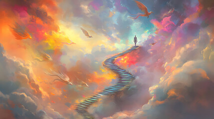 A person walking up a spiraling stairway made of iridescent crystal, winding through the clouds into a surreal, dreamlike sky