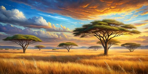 Obraz premium Peaceful savanna landscape painting featuring tall grass, acacia trees, and a vibrant sky